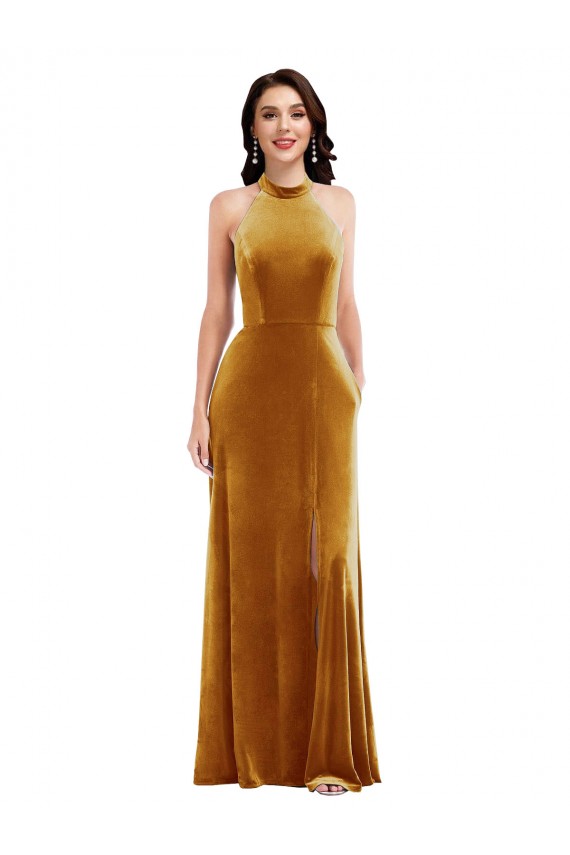 Keyhole Back Gold Trumpet High Neck Long Semi Formal Evening Dress Canada Online